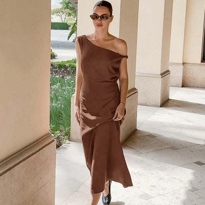 Women’s One-Shoulder Dress – Cotton Linen Blend – Slim Fit – Full Length – Minimalist Style