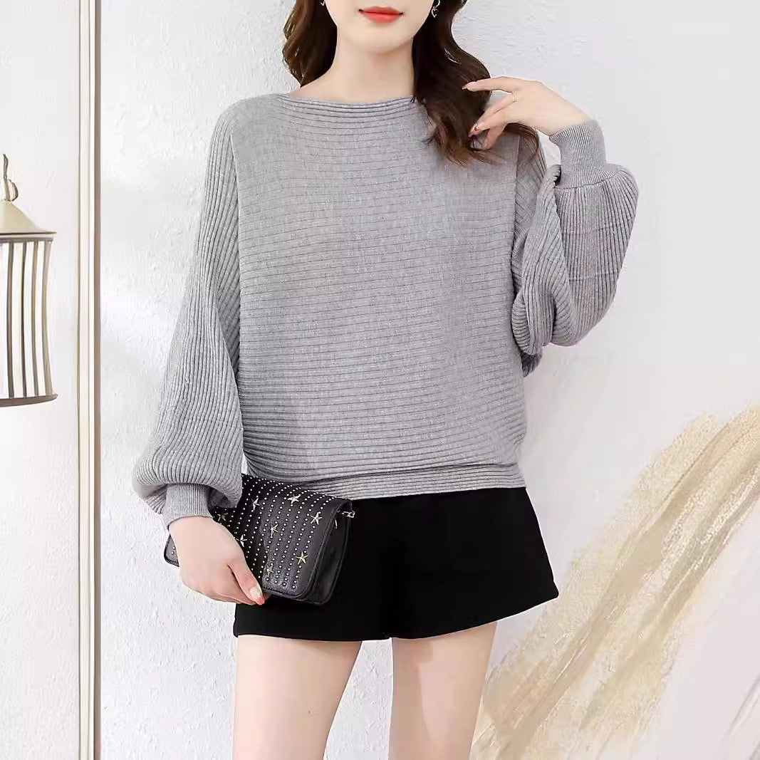 Ribbed Pullover Top - Casual Balloon Sleeve Sweater 
