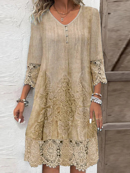 Women’s Long Dress – A-Line Fit – V-Neck – Lace & Embroidery – Breathable Blend