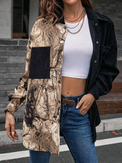 Women’s Mid-Length Shirt – Loose Fit – Abstract Print – Long Sleeve – Button Front