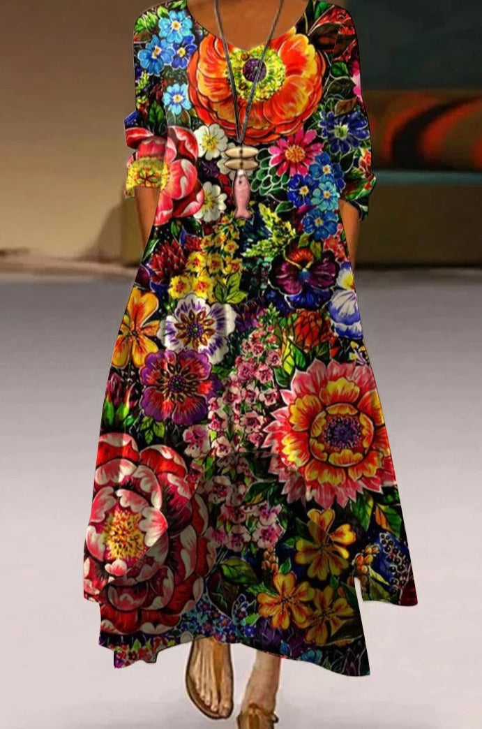 Women's Maxi Dress - Flowy Ankle-Length - 3/4 Sleeve - Round Neck - Artistic Floral Print