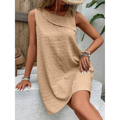 Women's Sleeveless Dress - Relaxed Fit - Asymmetric Overlay - Textured Fabric