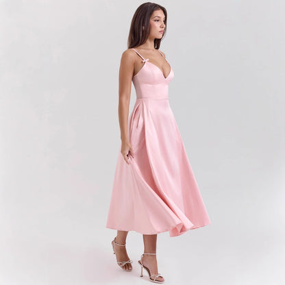 Women’s Satin Dress – V-Neck – Spaghetti Straps – Fitted Bodice – A-Line Midi Length