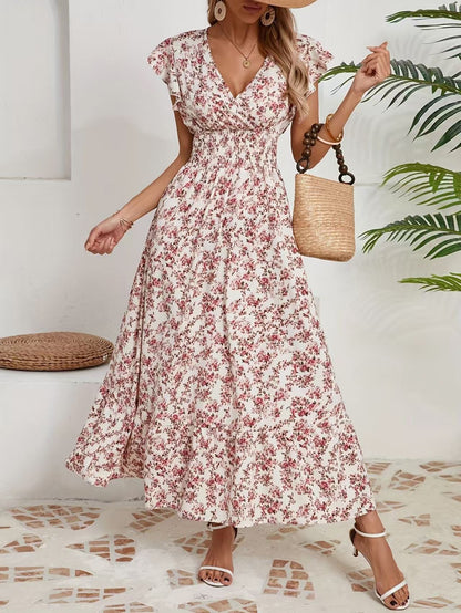 Women's Maxi Dress - Floral Print - V Neck - Ruffle Sleeves - Elegant Flowy Style