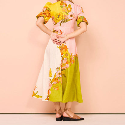 Women’s Midi Dress – Flared A-Line Fit – Puff Sleeves – Ethnic Floral Print – Soft Fabric