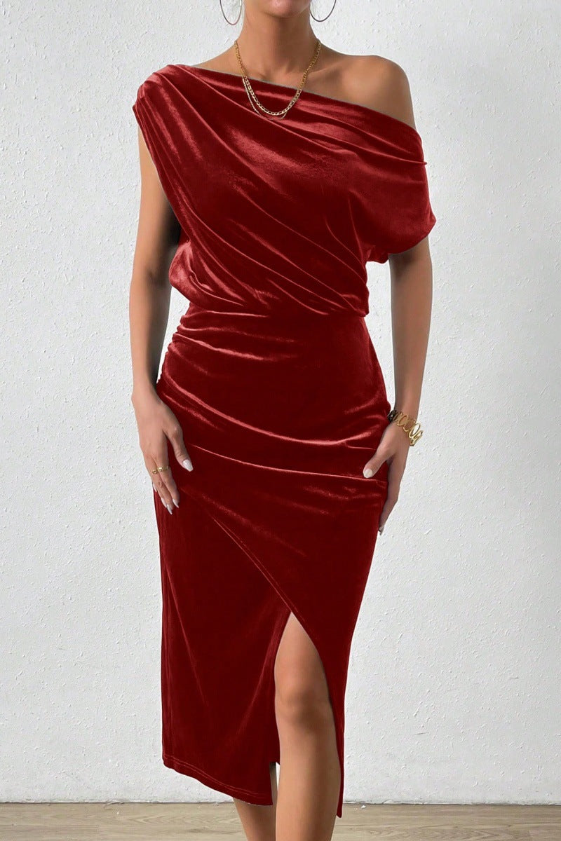Women’s Midi Dress – Velvet One-Shoulder – Ruched Fit with Front Slit