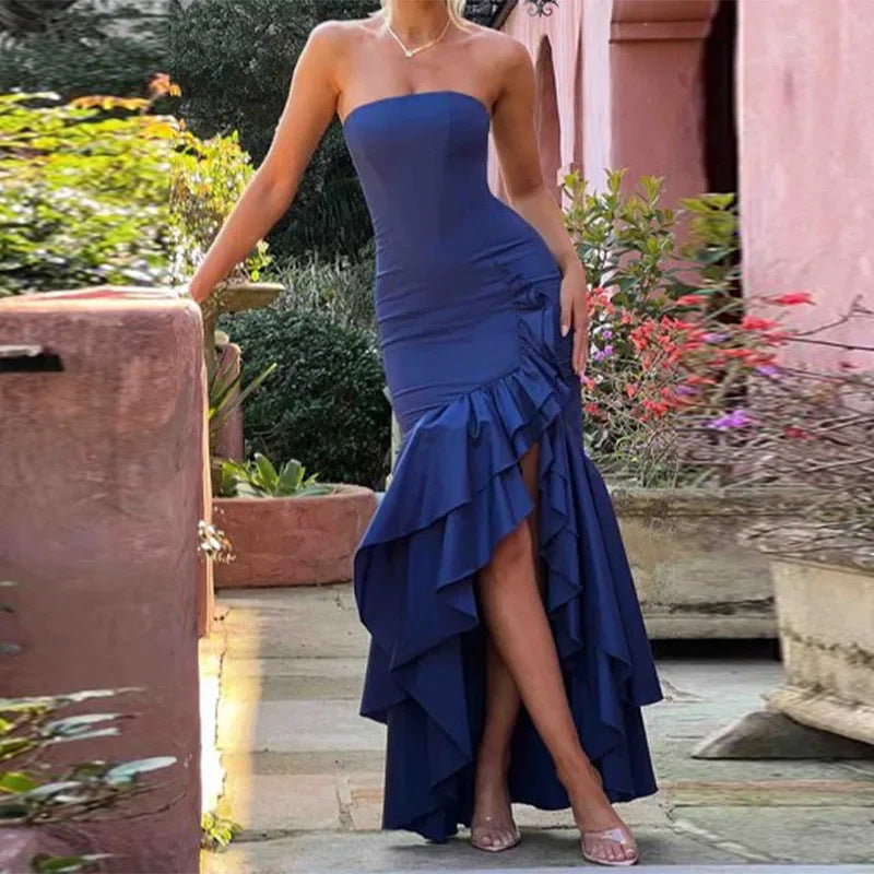 Women’s Strapless Dress – Slim Fit – Midi Length – Asymmetrical Ruffle Hem – Evening Wear