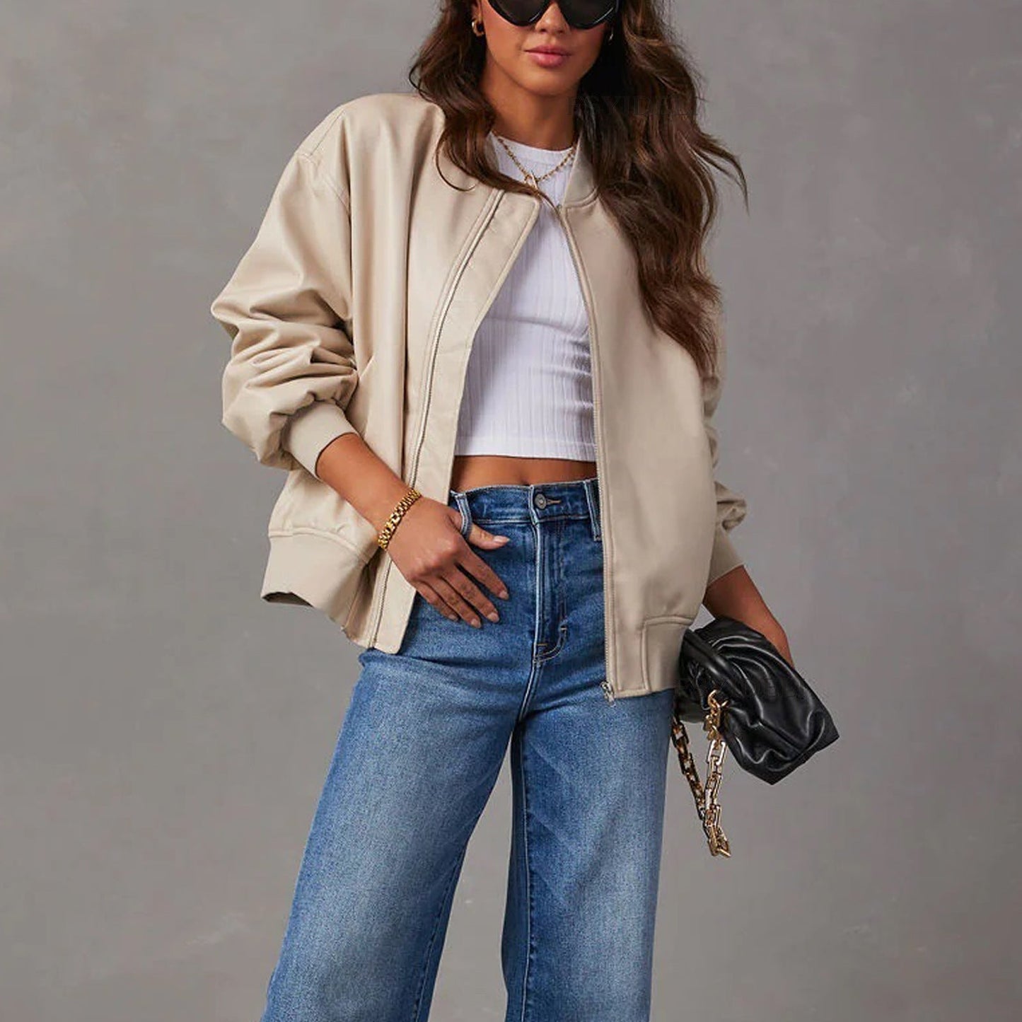 Women’s Leather Jacket – Oversized Relaxed Fit – Ribbed Trim – Full Zip Closure