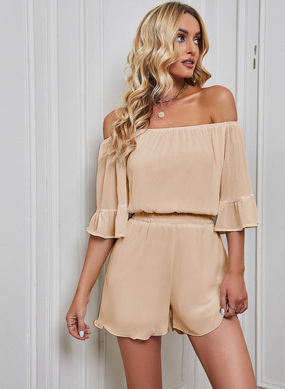 Women’s Chiffon Jumpsuit – Off Shoulder – Bell Sleeves – Relaxed Fit – Short Length