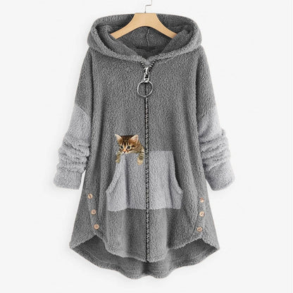 Women’s Long Hooded Jacket – Oversized Fit – Plush Fleece – Kangaroo Pocket – High-Low Hem