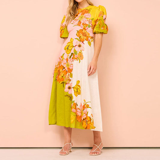 Floral Print Puff Sleeve Midi Dress