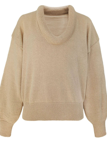 Women’s Sweater – Loose Fit – Deep V-Neck – Wool Knit – Long Volume Sleeves – Ribbed Cuffs