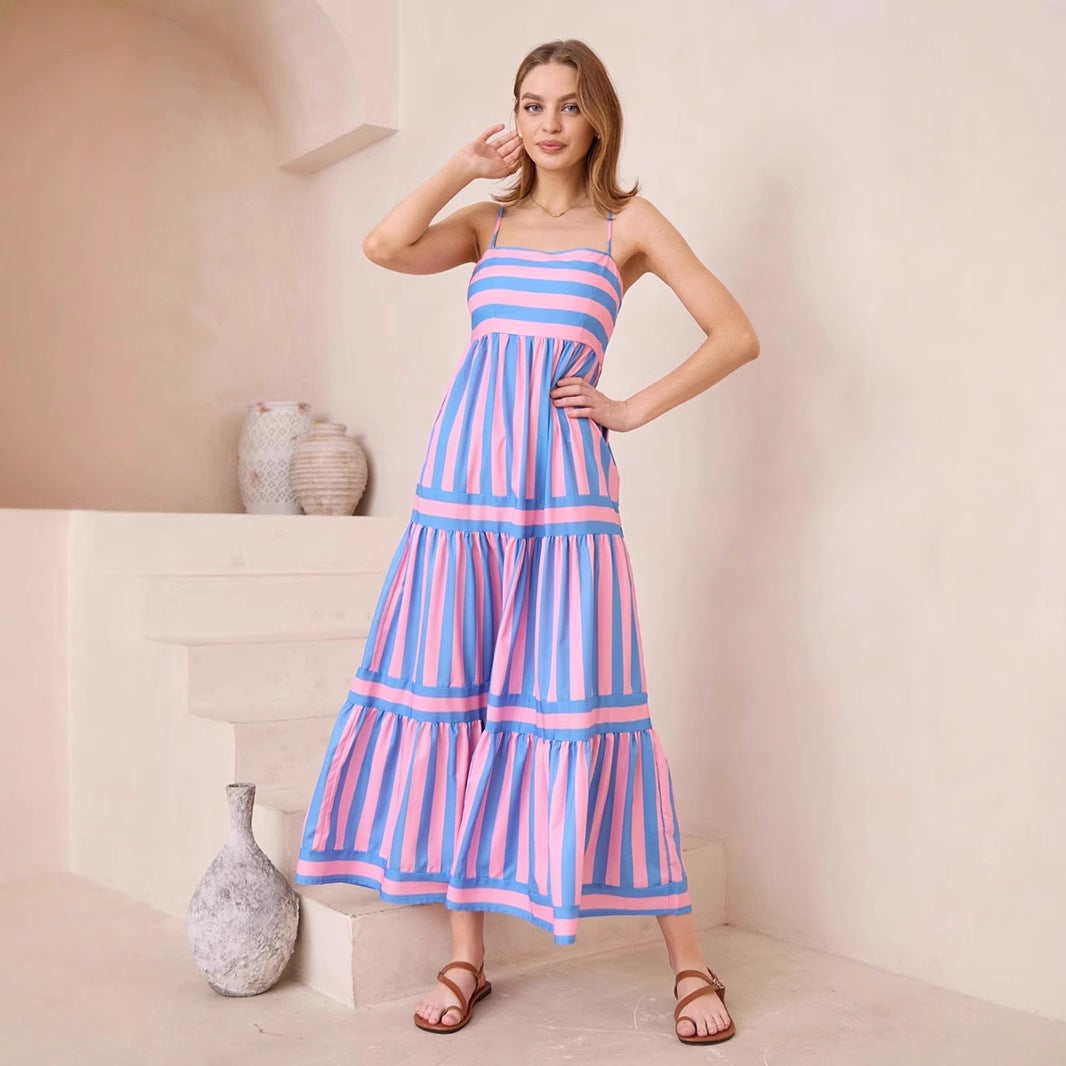 Women’s Sundress – Lightweight Cotton – A-Line Fit – Tiered Striped Full Length