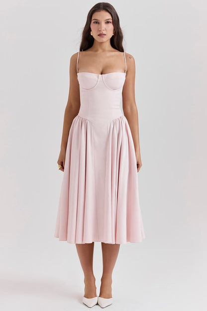 Women’s Midi Dress – Fitted Bodice – Spaghetti Straps – Pleated Flared Skirt