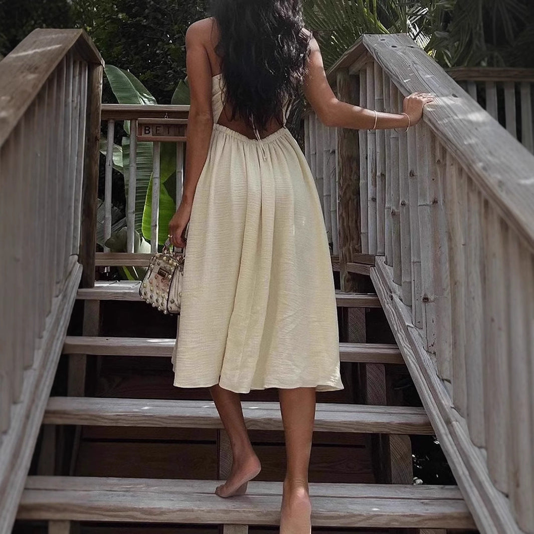 Women’s Midi Dress – V-Neck – Spaghetti Straps – Cut-Out – High Slit – Relaxed Fit