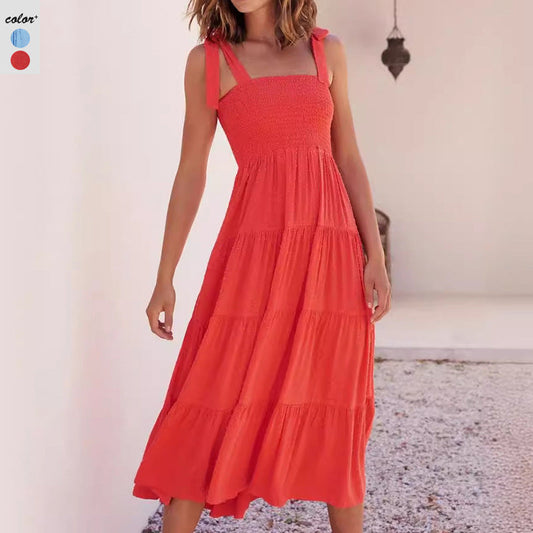 Smocked Bodice Tiered A-Line Midi Dress 