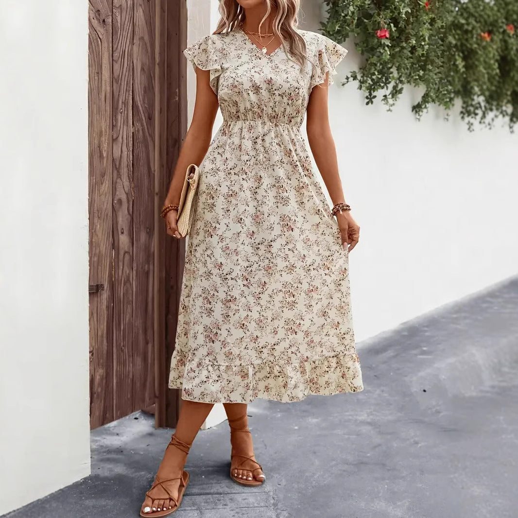 Women’s Midi Dress – Cotton Blend – V-Neck – Flutter Sleeve – Floral Ruffle Hem