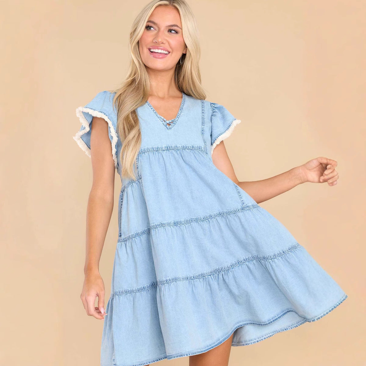 Women’s A-Line Mini Dress – Denim – Relaxed Fit – Ruffle Sleeve – Tiered Design