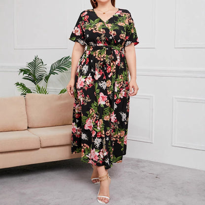 Women’s Midi Dress – A-Line Fit – V-Neck – Short Sleeve – Floral Print – Belted Waist