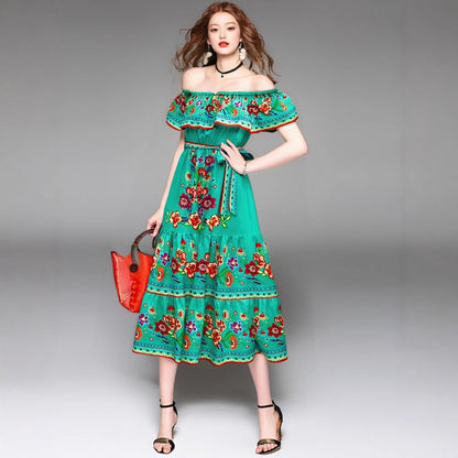 Women’s Maxi Dress – Off-Shoulder – Floral Print – Ruffled Bodice – Tiered Skirt