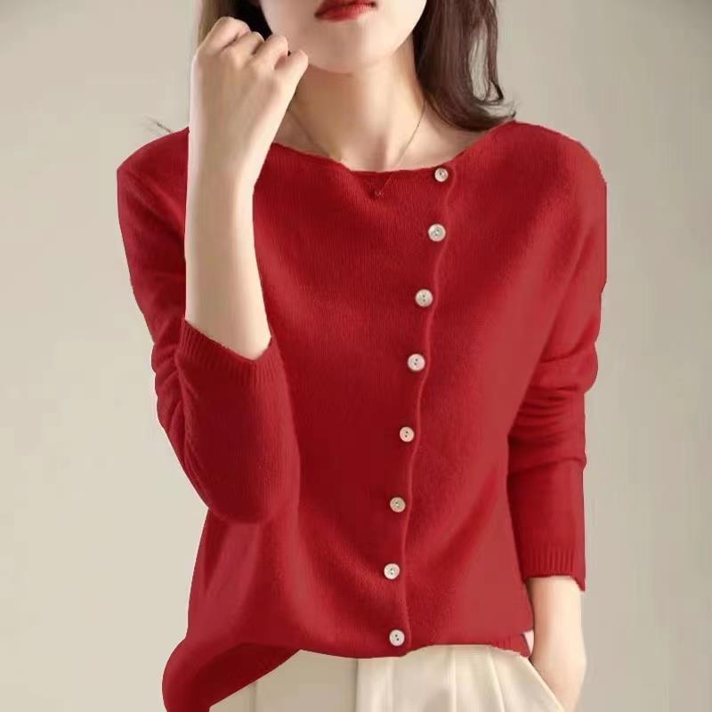 Women’s Knitted Cardigan – Relaxed Fit – Wool Blend – Asymmetrical Button – Long Sleeve
