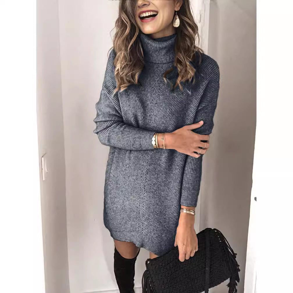 Women’s Knit Dress – Ribbed Texture – Wool Blend – Turtleneck – Long Sleeve Relaxed Fit