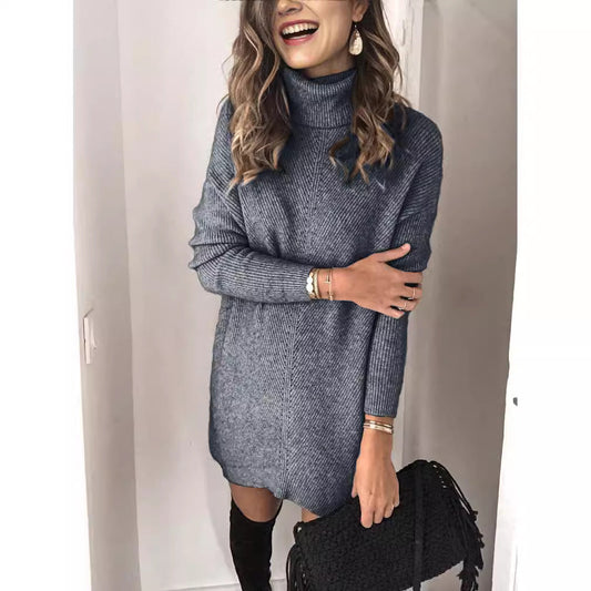 Ribbed Wool Blend Turtleneck Knit Dress 