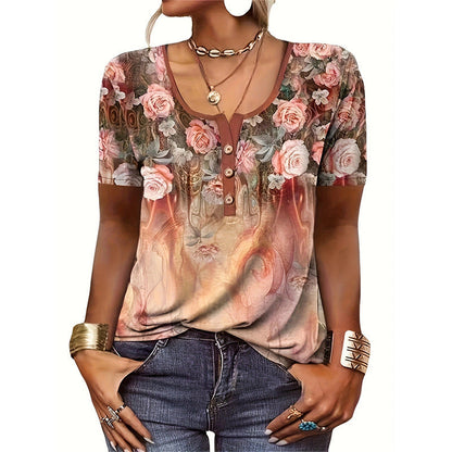 Women’s T-shirt – Relaxed Fit – Scoop Neck with Buttons – Artistic Floral Design