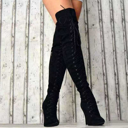 Women’s Boots - Faux Suede - Over-The-Knee - Lace-Up Front - Pointed Toe