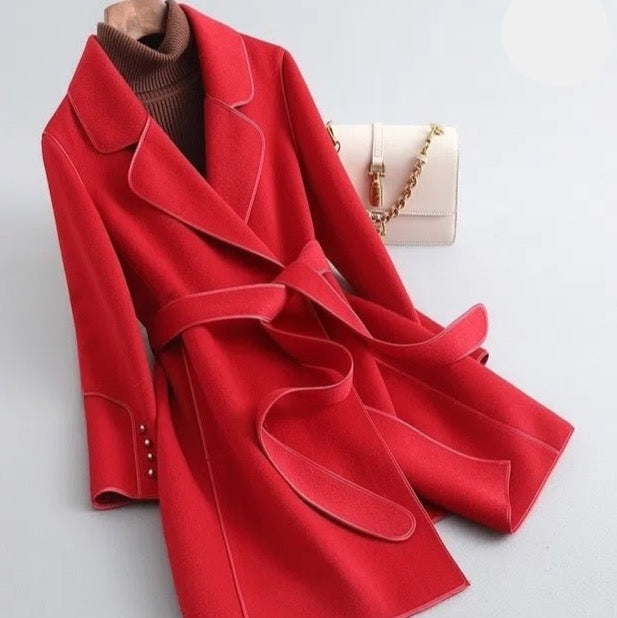 Women’s Trench Coat - Wool Blend - Tailored Fit - Belted Wrap Style - Piped Detailing