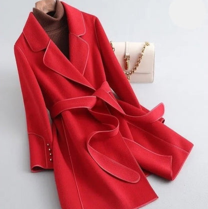 Women’s Trench Coat - Wool Blend - Tailored Fit - Belted Wrap Style - Piped Detailing