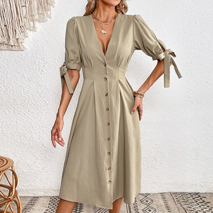 Women's Midi Dress - V-Neck Button Down - Short Sleeve Tie Detail - A-Line Silhouette