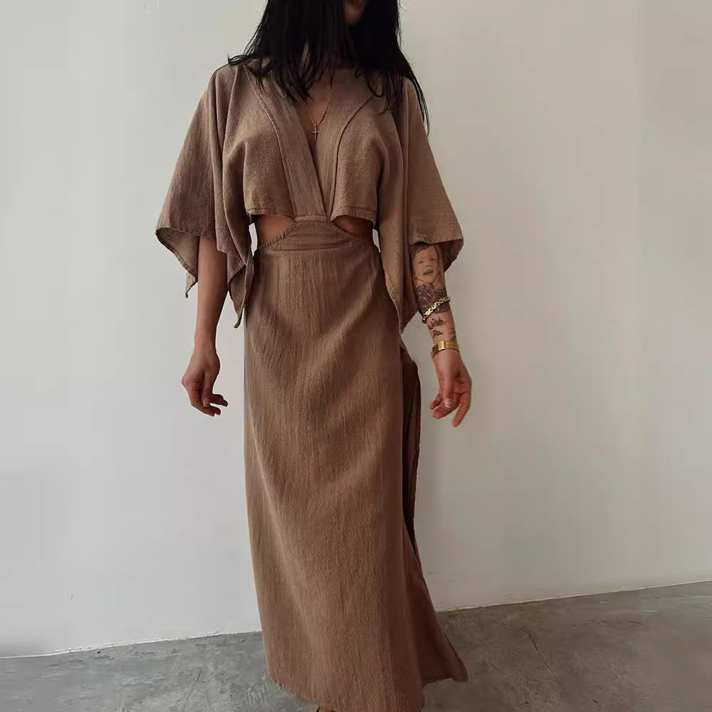 Women’s Maxi Dress – Cotton Linen Blend – Slim Fit – V-Neck – Cut-Out Waist – High Slit