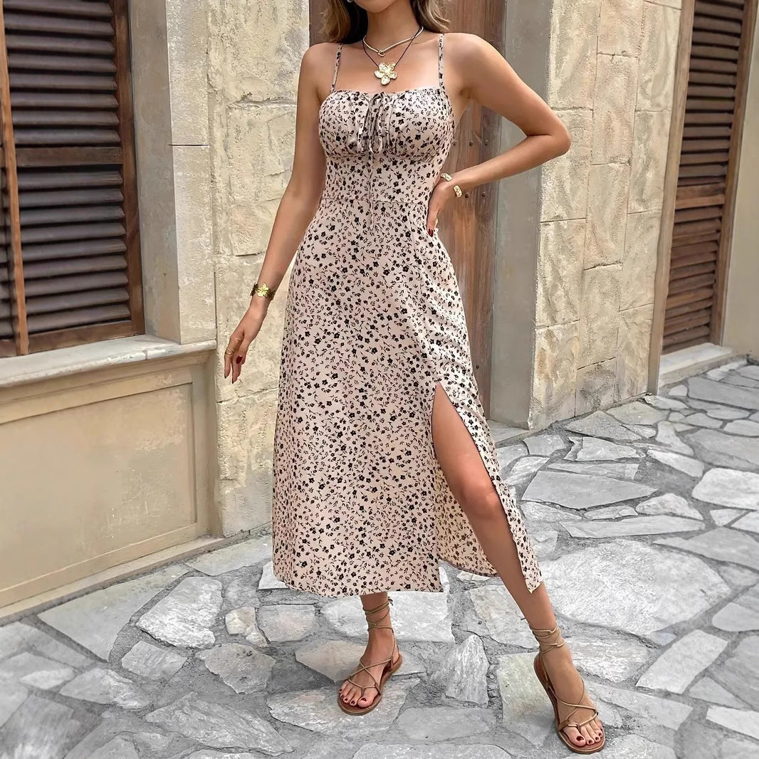 Women’s Midi Dress – Slim Fit – Spaghetti Straps – Floral Print – Side Slit – Cotton Blend