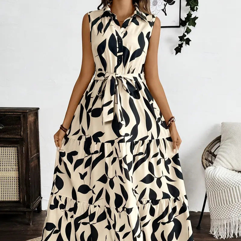 Leaf Print Fit and Flare Long Dress