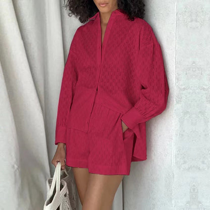Veerna - jacquard drop shoulder sleeves button down long sleeve and short set