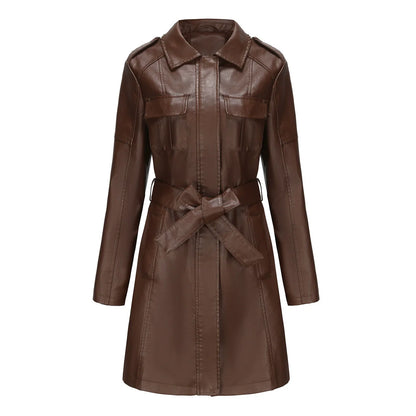 Women’s Medium-Length Coat – Structured Fit – Leather-Like – Zipper – Point Collar