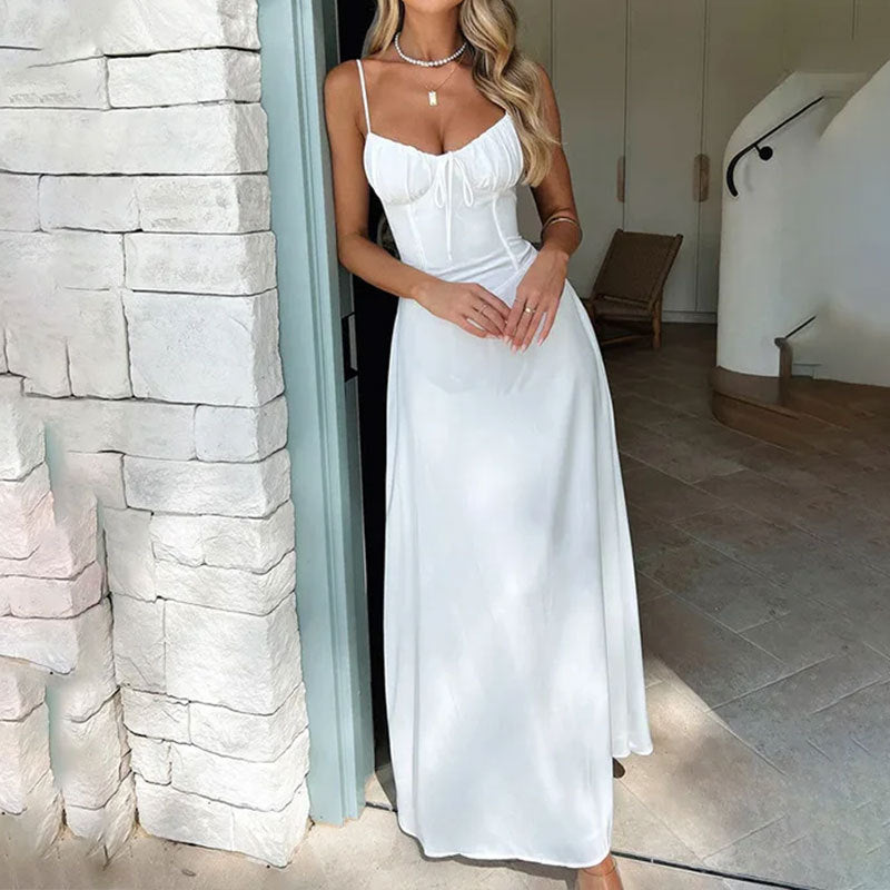 Women’s A-Line Dress – Ruched Bodice – Thin Straps – Full Length – Silky Flowy Fit
