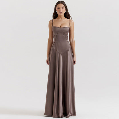 Women’s Evening Gown – Satin A-Line – Spaghetti Straps – Cut-Out Waist – Full Length
