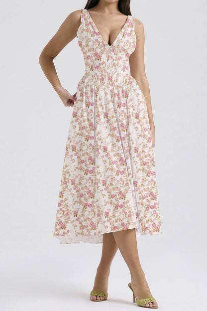 Women’s Midi Dress – Sleeveless V-Neck – A-Line Fit – Floral Print – Lightweight Cotton