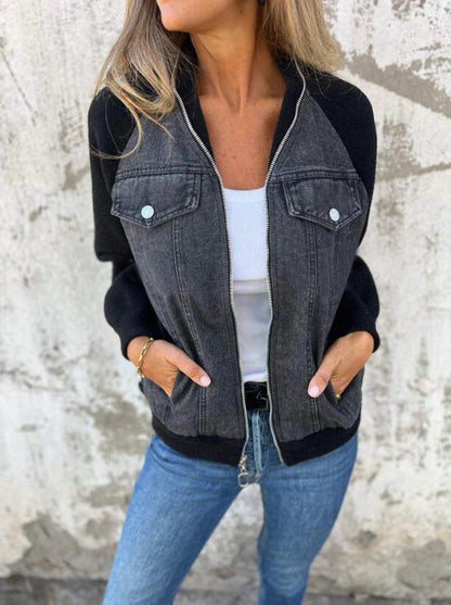 Women’s Bomber Jacket – Wool Blend – Denim Panels – Relaxed Fit – Zip Front – Hip Length