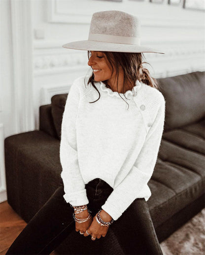 Women’s Knitted Sweater – Wool Blend – Relaxed Fit – Ruffled Neck – Button Detail