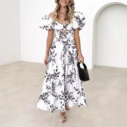 Women’s Maxi Dress – Puff Sleeve – Elegant Print – Flowy Fit – Lightweight Cotton