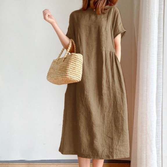 Women’s Midi Dress – Loose Fit – Breathable Fabric – Short Sleeve Casual Style