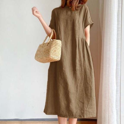 Women’s Midi Dress – Loose Fit – Breathable Fabric – Short Sleeve Casual Style