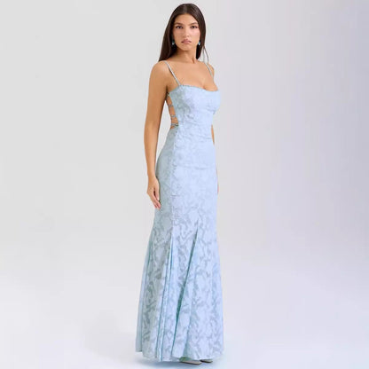 Women’s Maxi Dress – Slim Fit – Satin Feel – Lace Neckline – Spaghetti Straps – Formal Wear