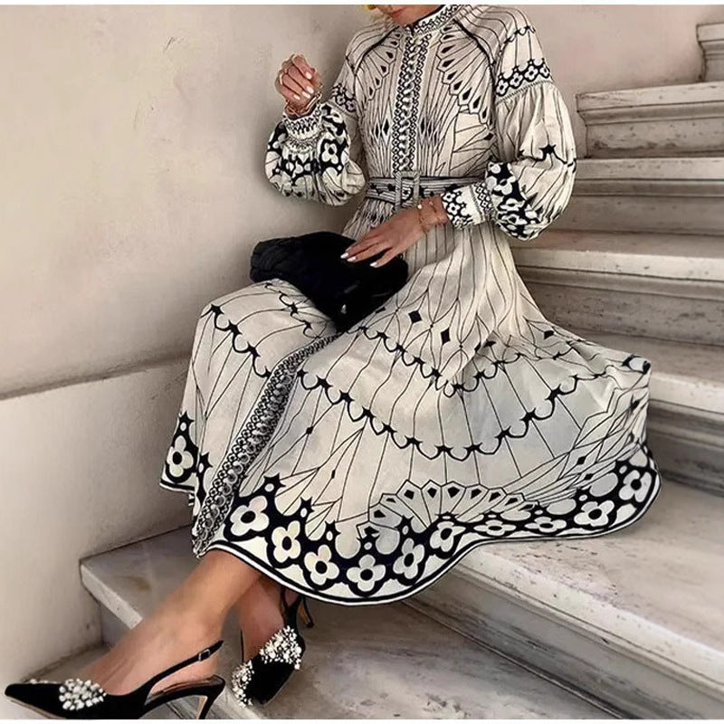 Women’s Midi Dress – Tailored Fit – Ornate Pattern – Long Sleeve – Belted Waist