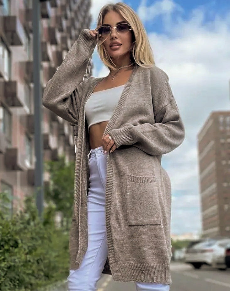 Women’s Knit Cardigan – Cotton Blend – Loose Fit – Open Front – Longline with Pockets