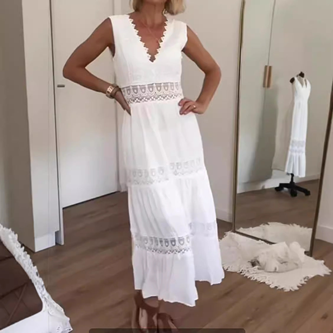 Women’s Midi Dress – Fit and Flare – Lace Inserts – Sleeveless Deep V-Neck