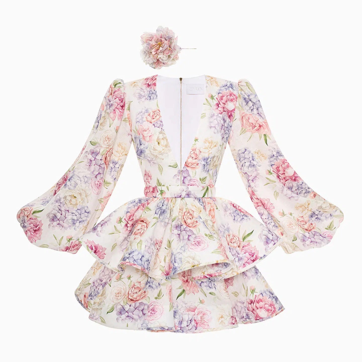Floral Long Sleeve Cinched Waist Mini Dress